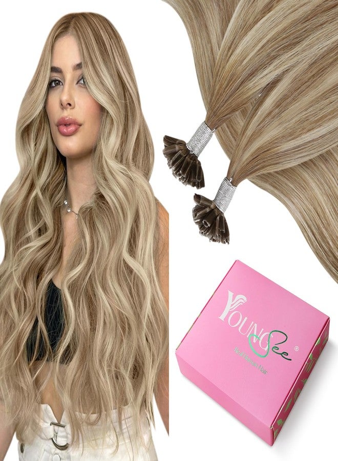 YoungSee U Tip Hair Extensions Medium Brown Balayage Platinum Blonde Pre Bonded Utip Hair Extensions Keratin Hair Extensions Fusion Utip Hair Real Stragiht Hair Extensions Straight Hair 50g 50s 20in - Image 1