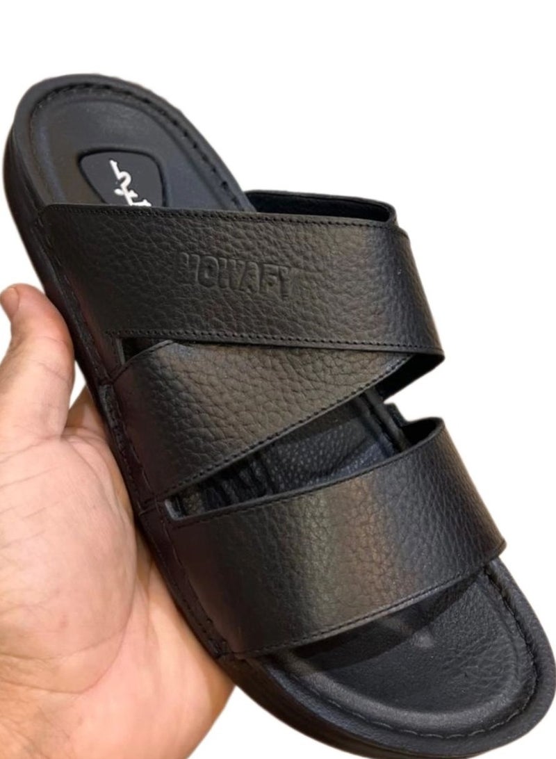 Hand Made "Men's Natural Leather Slippers; Handmade Men's Natural Leather Sandals with Leather Sole and Orthopedic Insole, Suitable for Those Suffering from Foot Pain-Black - Image 1