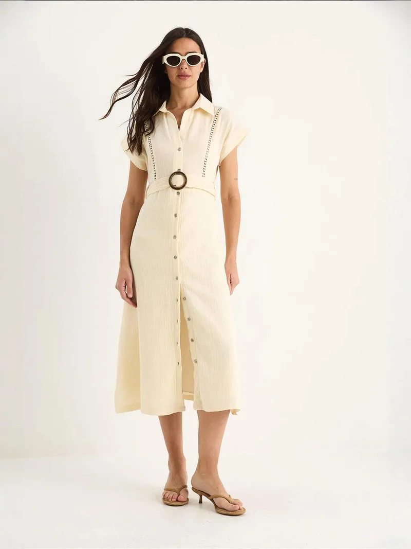 Bianco Lucci LUCCI Textured Cotton Midi Dress with Shirt Collar
