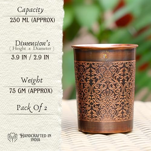 RUSTIC RELICS Pure Copper Handcrafted Glasses Set with Gift Box Set of 2 Antique Etching Design for Ayurveda Wellness | Elegant Ayurvedic Benefits | Perfect and Premium Gifting Hamper - 250ml - Image 3