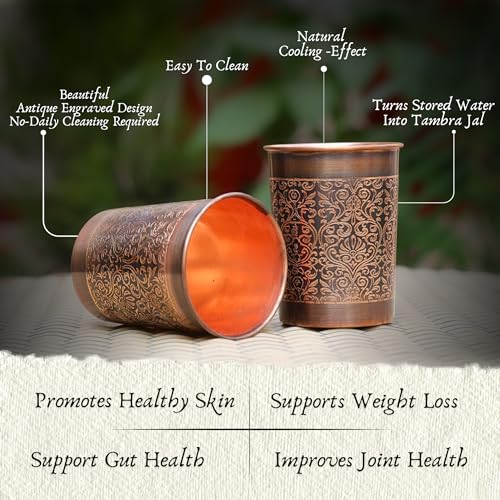 RUSTIC RELICS Pure Copper Handcrafted Glasses Set with Gift Box Set of 2 Antique Etching Design for Ayurveda Wellness | Elegant Ayurvedic Benefits | Perfect and Premium Gifting Hamper - 250ml - Image 5