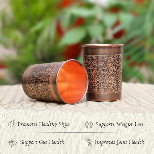RUSTIC RELICS Pure Copper Handcrafted Glasses Set with Gift Box Set of 2 Antique Etching Design for Ayurveda Wellness | Elegant Ayurvedic Benefits | Perfect and Premium Gifting Hamper - 250ml - Image 2