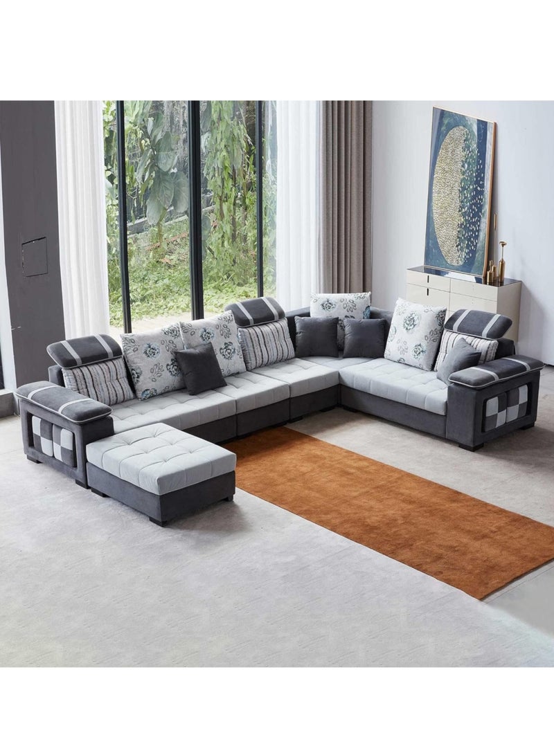 KARNAK Homeify Salena 9 Seater Velvet Fabric Sofa Set with 4-Puffy Convertible Sofa Set for Living Room (Rose Red & Light Beige) (Dark Grey) - Image 1