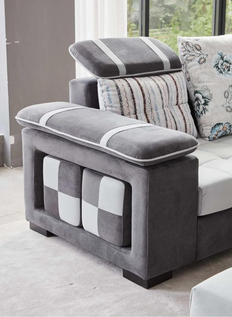 KARNAK Homeify Salena 9 Seater Velvet Fabric Sofa Set with 4-Puffy Convertible Sofa Set for Living Room (Rose Red & Light Beige) (Dark Grey) - Image 5