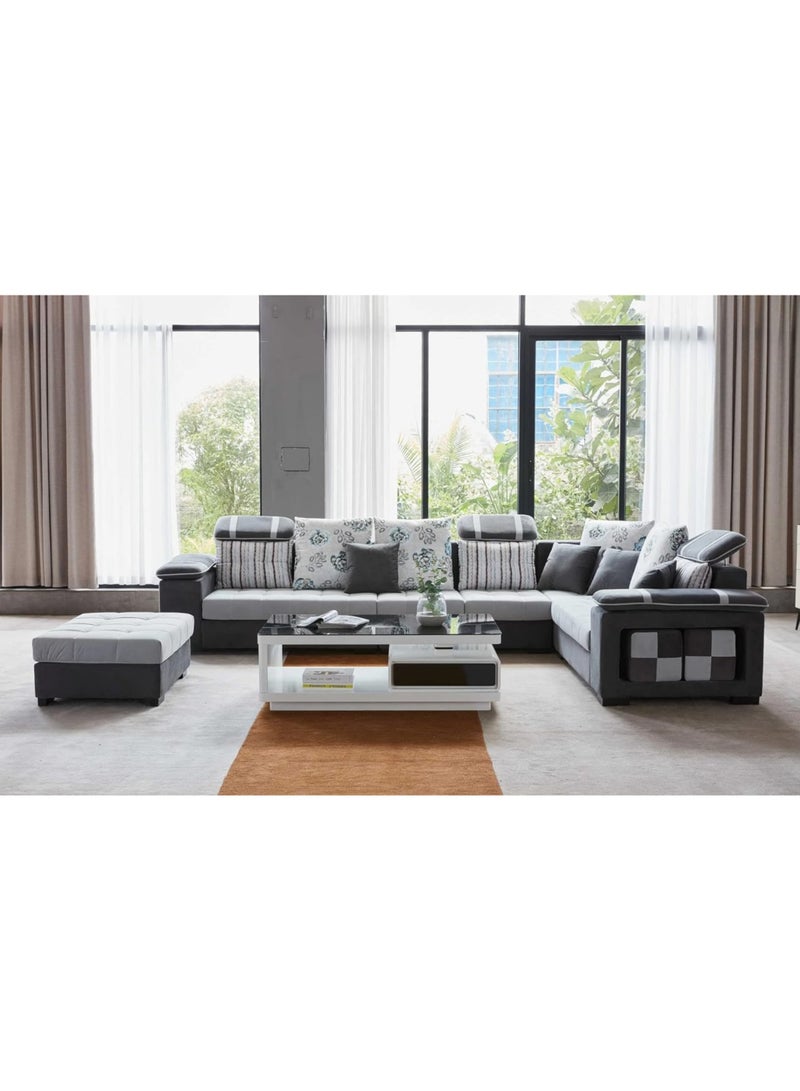 KARNAK Homeify Salena 9 Seater Velvet Fabric Sofa Set with 4-Puffy Convertible Sofa Set for Living Room (Rose Red & Light Beige) (Dark Grey) - Image 4