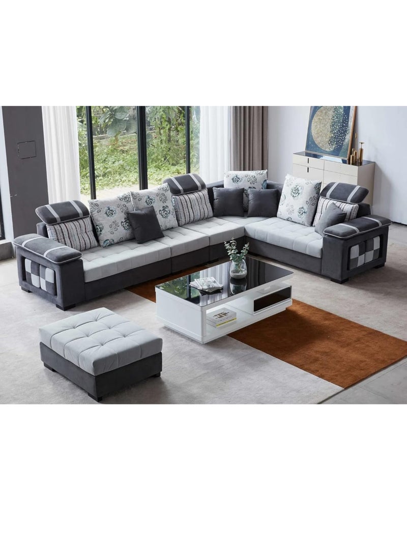 KARNAK Homeify Salena 9 Seater Velvet Fabric Sofa Set with 4-Puffy Convertible Sofa Set for Living Room (Rose Red & Light Beige) (Dark Grey) - Image 2