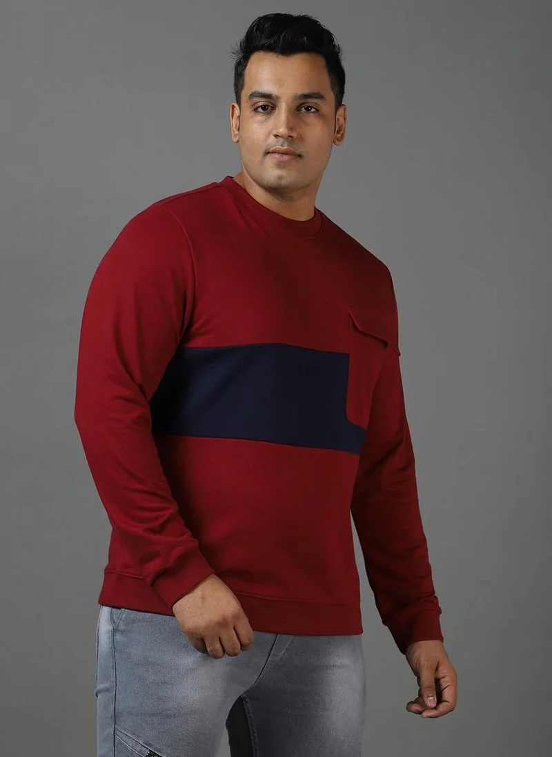 Urbano Plus Men's Maroon Cotton Color Block Round Neck Sweatshirt