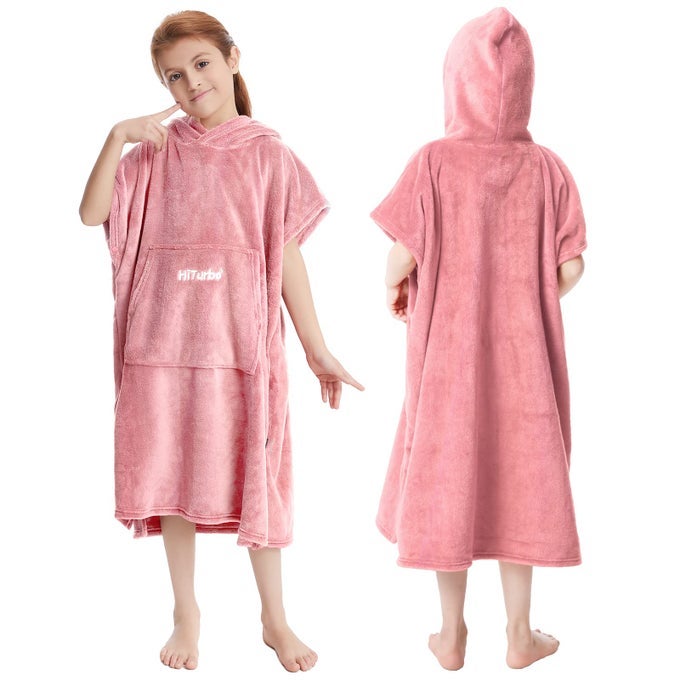 KIDS TOWEL CHANGING ROBE SOFT PLUSH BATH TOWELS WARM CORAL FLEECE HOODIE SWIM SURF PONCHO FOR 512 YEARS PINK