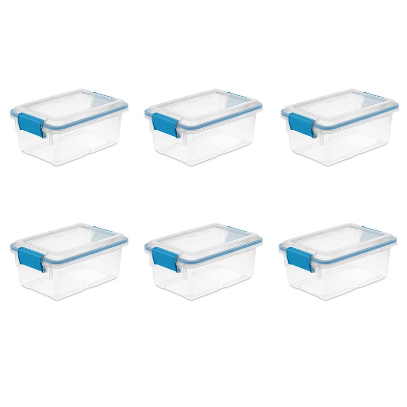 Sterilite 7.5 Qt Gasket Box, Stackable Storage Bin with Latching Lid and Tight Seal, Plastic Container to Organize Basement, Clear Base, Lid, 6-Pack - Image 1