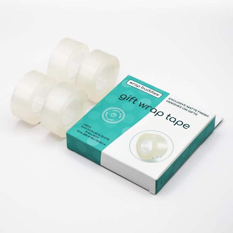 Wrap Buddies Adhesive Tape Rolls - Clear Tape Refills for Dispenser - Satin Finish for Gift Wrapping, Crafting, and Home Use - Strong Adhesive and Easy to Cut - 4 Pack - Image 1