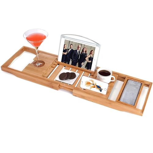Utoplike Bamboo Bathtub Caddy Tray Bath Tray for Tub, Adjustable Bathroom Bathtub Organizer with Book Tablet Wine Glass Cup Towel Holder - Image 1