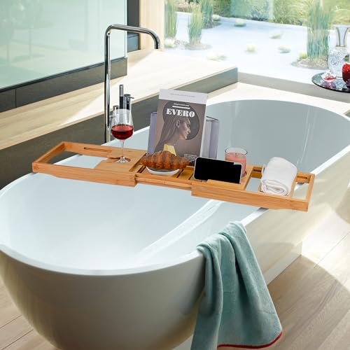Utoplike Bamboo Bathtub Caddy Tray Bath Tray for Tub, Adjustable Bathroom Bathtub Organizer with Book Tablet Wine Glass Cup Towel Holder - Image 4