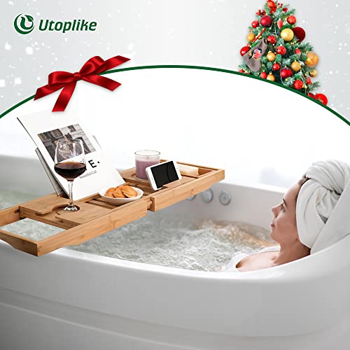 Utoplike Bamboo Bathtub Caddy Tray Bath Tray for Tub, Adjustable Bathroom Bathtub Organizer with Book Tablet Wine Glass Cup Towel Holder - Image 2