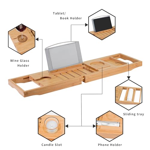 Utoplike Bamboo Bathtub Caddy Tray Bath Tray for Tub, Adjustable Bathroom Bathtub Organizer with Book Tablet Wine Glass Cup Towel Holder - Image 5