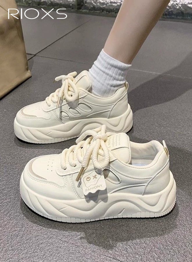 RIOXS Women's Platform Sneakers, 4cm Chunky Platform Sneakers for Ladies, Comfy Brethable Classic Lace-up Trainers, Fashion Ladies Casual Lightweight Jogging Athlesiure Shoes, Non-slip Walking Shoes, for Dating/ Work/ Shopping/ Street Wear/ Daily Wear, Beige - Image 1