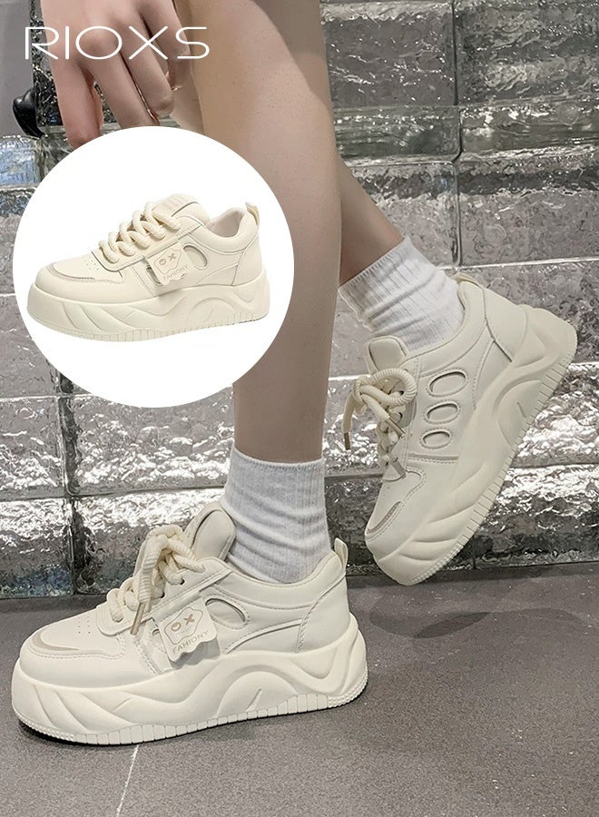 RIOXS Women's Platform Sneakers, 4cm Chunky Platform Sneakers for Ladies, Comfy Brethable Classic Lace-up Trainers, Fashion Ladies Casual Lightweight Jogging Athlesiure Shoes, Non-slip Walking Shoes, for Dating/ Work/ Shopping/ Street Wear/ Daily Wear, Beige - Image 2