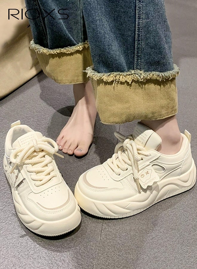 RIOXS Women's Platform Sneakers, 4cm Chunky Platform Sneakers for Ladies, Comfy Brethable Classic Lace-up Trainers, Fashion Ladies Casual Lightweight Jogging Athlesiure Shoes, Non-slip Walking Shoes, for Dating/ Work/ Shopping/ Street Wear/ Daily Wear, Beige - Image 3