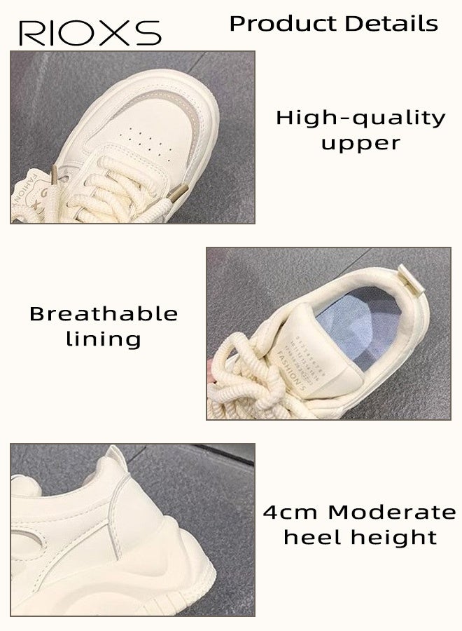 RIOXS Women's Platform Sneakers, 4cm Chunky Platform Sneakers for Ladies, Comfy Brethable Classic Lace-up Trainers, Fashion Ladies Casual Lightweight Jogging Athlesiure Shoes, Non-slip Walking Shoes, for Dating/ Work/ Shopping/ Street Wear/ Daily Wear, Beige - Image 4