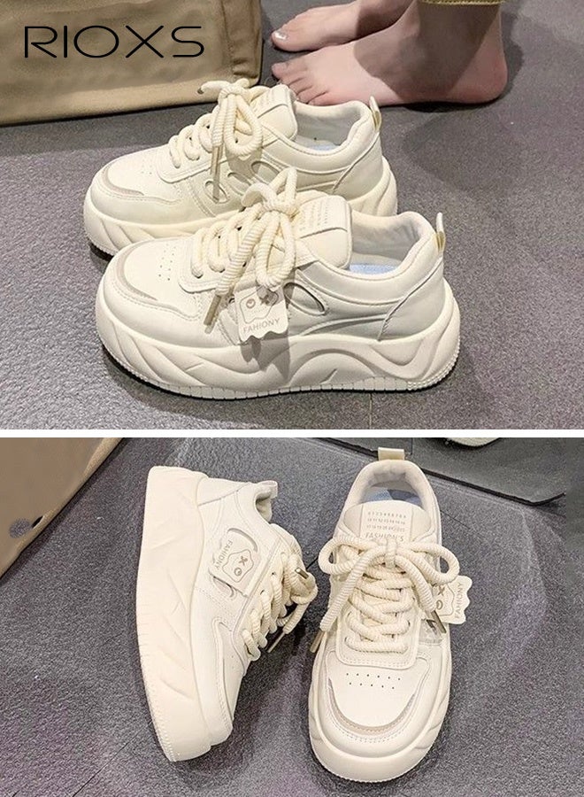 RIOXS Women's Platform Sneakers, 4cm Chunky Platform Sneakers for Ladies, Comfy Brethable Classic Lace-up Trainers, Fashion Ladies Casual Lightweight Jogging Athlesiure Shoes, Non-slip Walking Shoes, for Dating/ Work/ Shopping/ Street Wear/ Daily Wear, Beige - Image 5