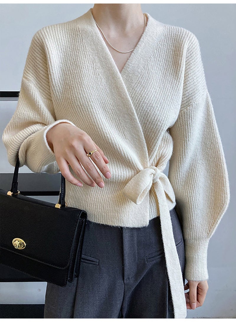 NIBEMINENT Fashion V-Neck Knitted Cardigan For Women Casual Lantern Sleeve Lace-Up Lady Sweater Comfortable Elegant Lady Knitwear Tops