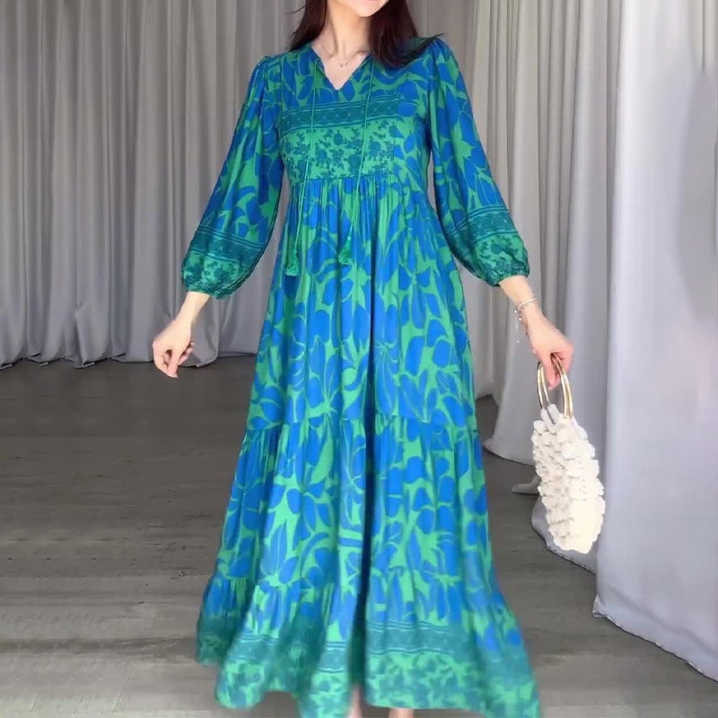 2024 Women'S Fashion Printed Lantern Sleeves Retro Slim-Fit Dress - Image 5