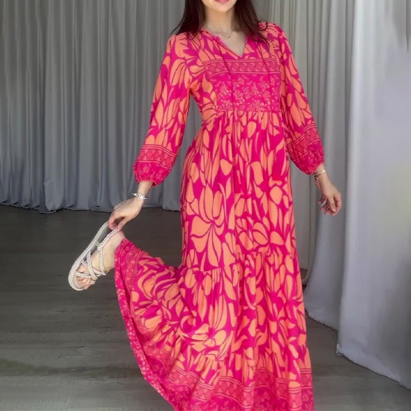 2024 Women'S Fashion Printed Lantern Sleeves Retro Slim-Fit Dress - Image 2