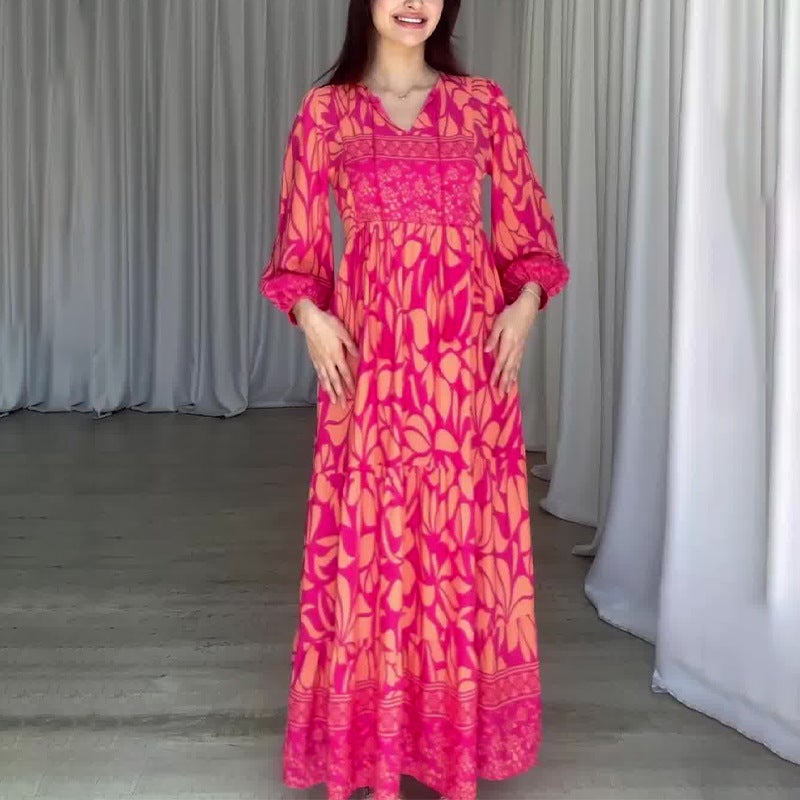 2024 Women'S Fashion Printed Lantern Sleeves Retro Slim-Fit Dress - Image 1