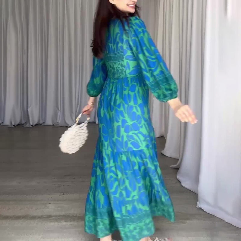 2024 Women'S Fashion Printed Lantern Sleeves Retro Slim-Fit Dress - Image 4