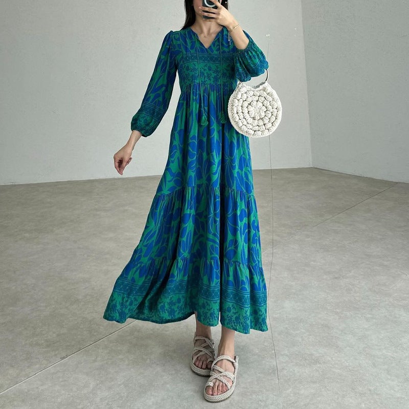 2024 Women'S Fashion Printed Lantern Sleeves Retro Slim-Fit Dress - Image 3