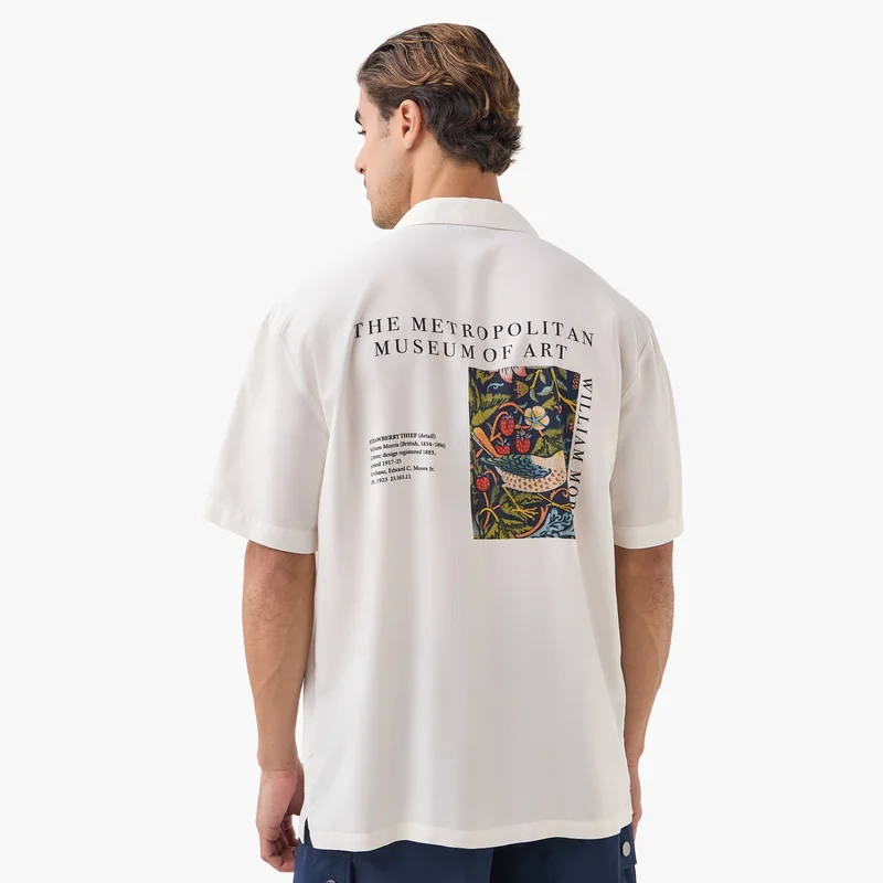 SP Characters William Morris Strawberry Thief Print Relaxed Fit Shirt with Camp Collar