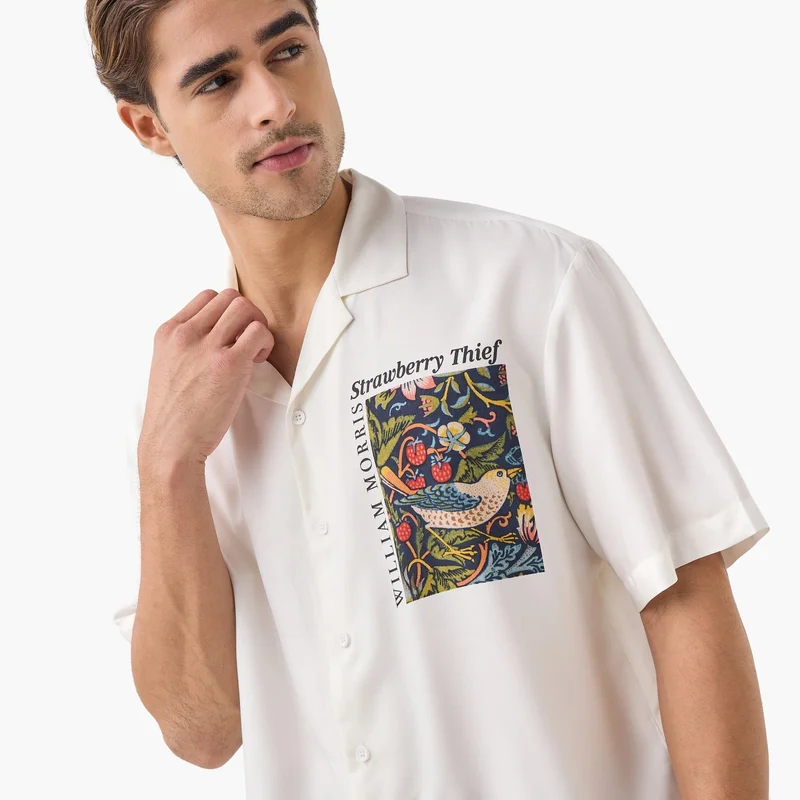 SP Characters William Morris Strawberry Thief Print Relaxed Fit Shirt with Camp Collar