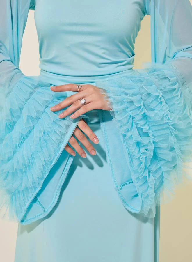 Take Two Blue Ruffled Sleeves A-Line Maxi Dress