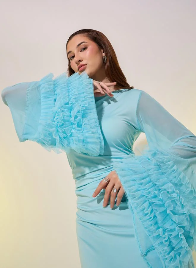 Take Two Blue Ruffled Sleeves A-Line Maxi Dress