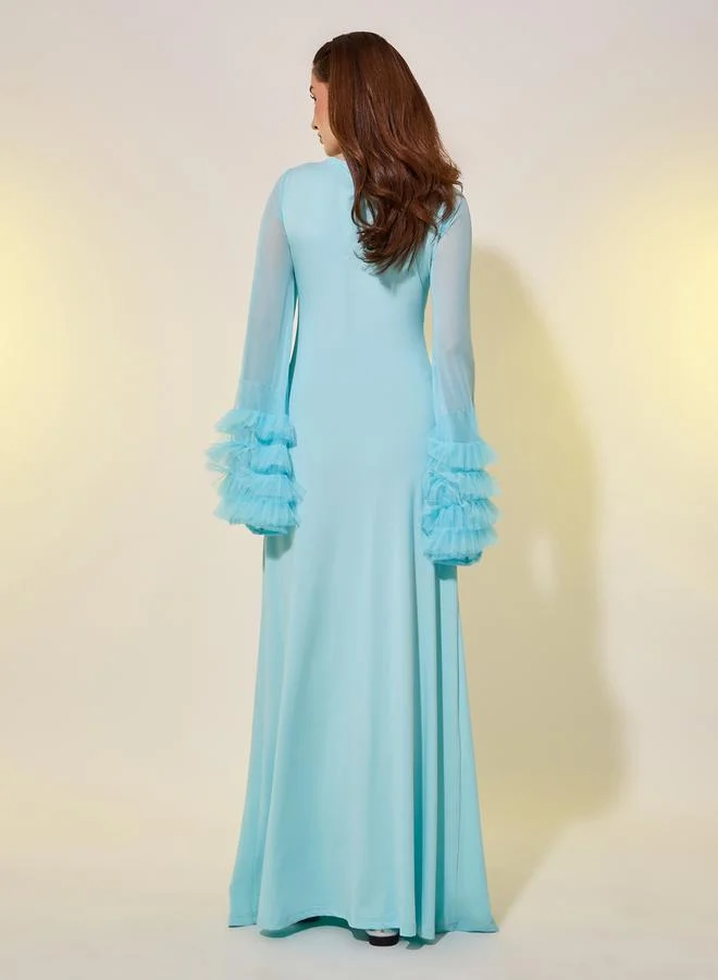 Take Two Blue Ruffled Sleeves A-Line Maxi Dress