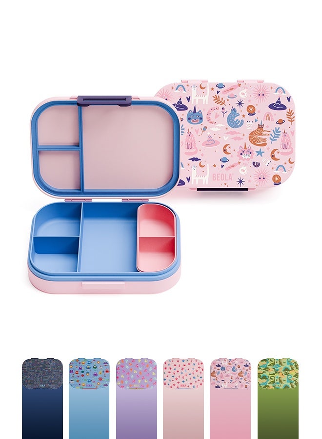 BEOLA Bento Box with 5 Compartments, BPA Free Plastic Lunch Container, Leakproof School Tiffin Lunch Box with Lid, Snack Organizer, Lightweight Food Storage (Unicat Magic) - Image 1