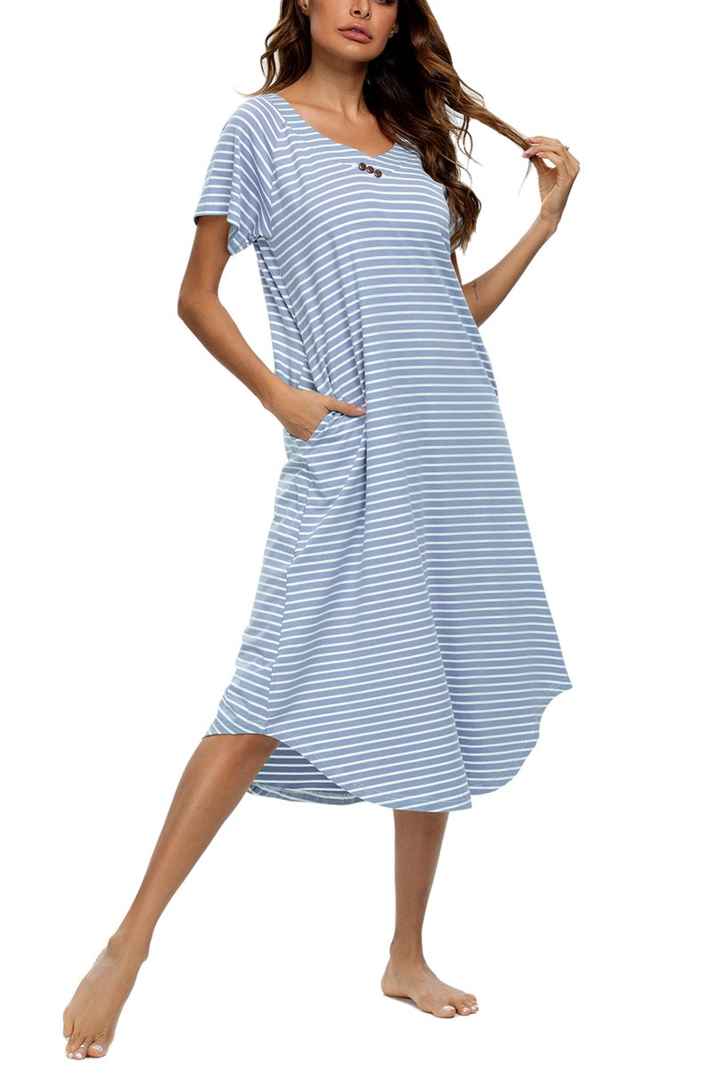 YOZLY Nightgowns for Women Short Sleeve Long Night Gowns Soft V Neck Sleepwear with Pockets, Light Blue Stripe, Small - Image 1