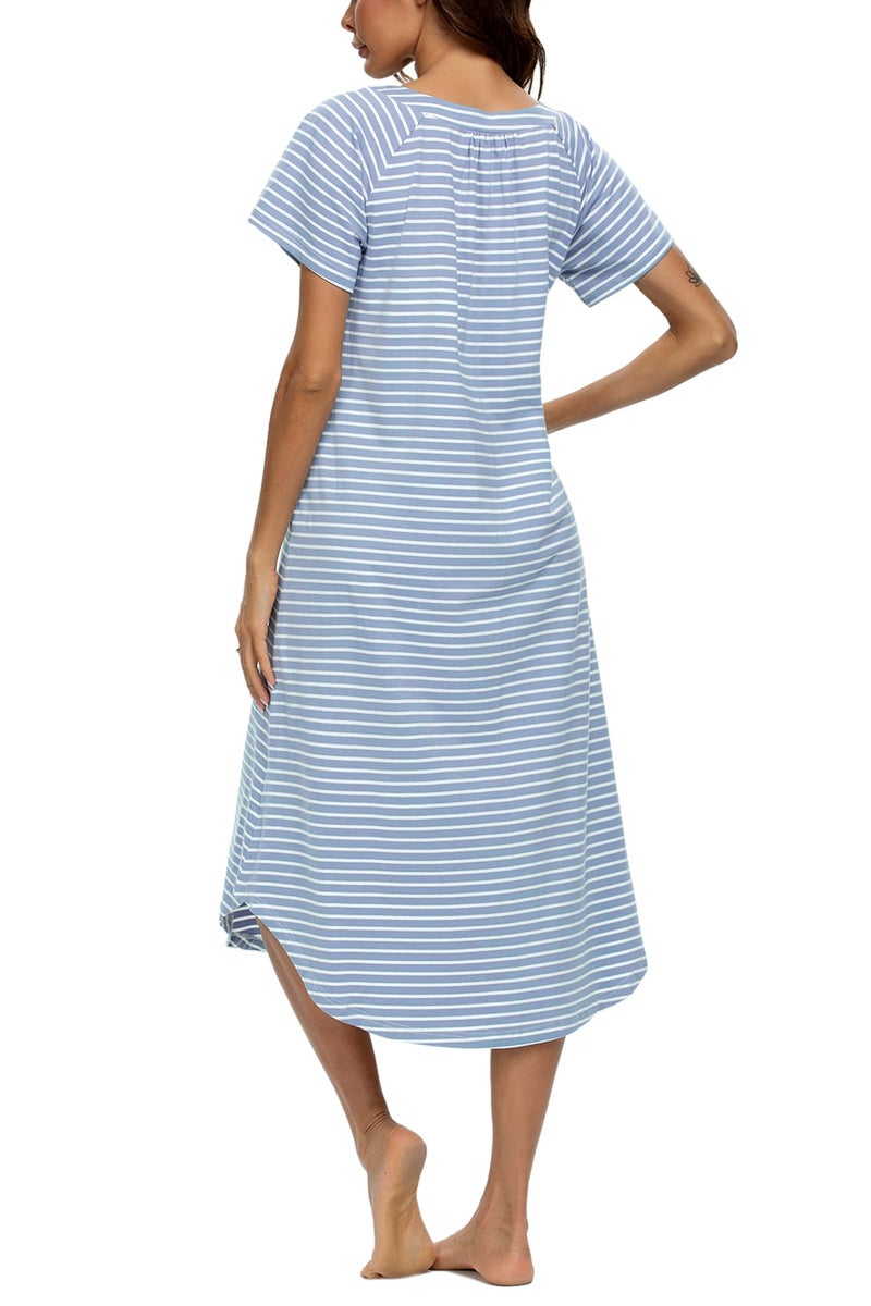 YOZLY Nightgowns for Women Short Sleeve Long Night Gowns Soft V Neck Sleepwear with Pockets, Light Blue Stripe, Small - Image 5