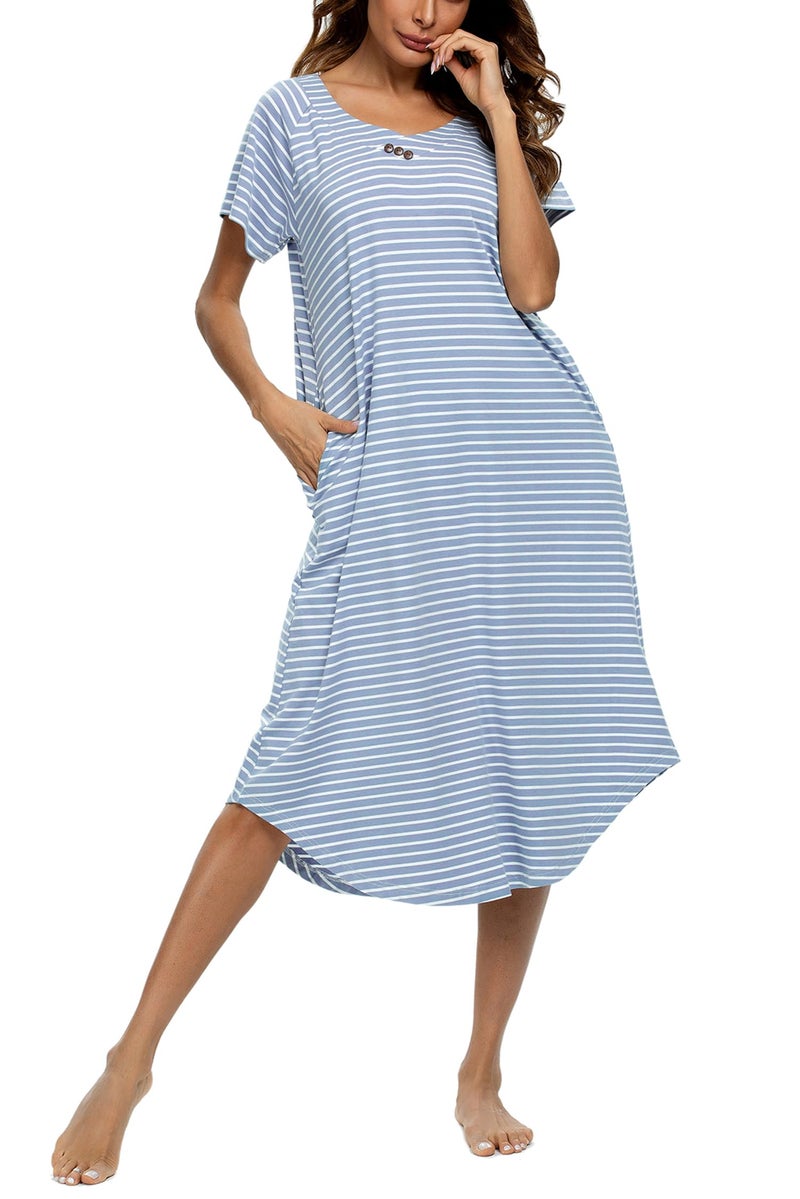 YOZLY Nightgowns for Women Short Sleeve Long Night Gowns Soft V Neck Sleepwear with Pockets, Light Blue Stripe, Small - Image 4