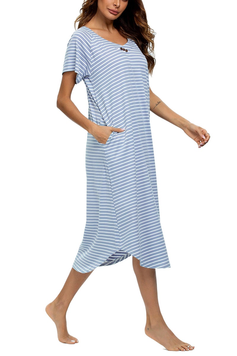 YOZLY Nightgowns for Women Short Sleeve Long Night Gowns Soft V Neck Sleepwear with Pockets, Light Blue Stripe, Small - Image 3