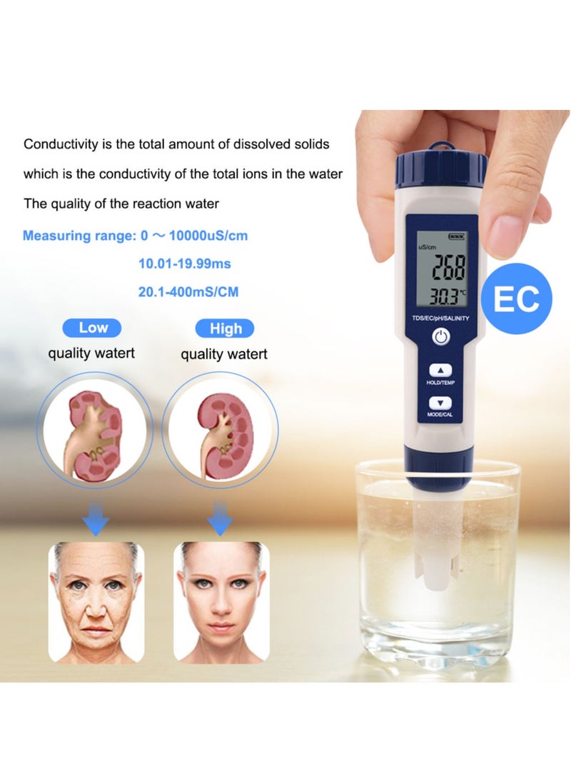 5 In 1 TDS/EC/pH/Salinity/Temperature Meter, Digital Water Quality Monitor Tester, Suitable for Pools, Drinking Water, Aquariums - Image 5