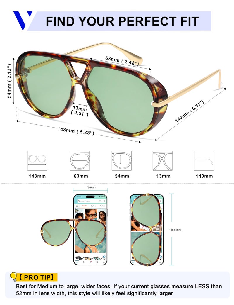 VANLINKER Trendy Polarized Aviator Sunglasses for Women Men Retro Oversized Round Sunglasses Vintage Side Shield Shades VL9798, Tortoise/Green - Image 5