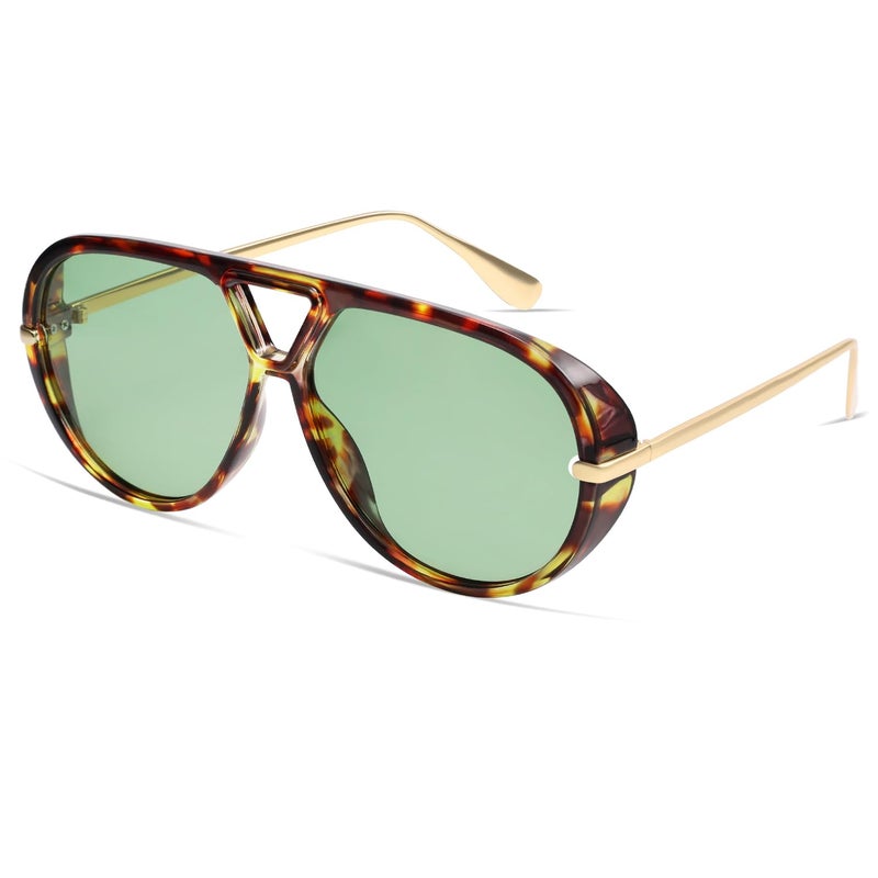 VANLINKER Trendy Polarized Aviator Sunglasses for Women Men Retro Oversized Round Sunglasses Vintage Side Shield Shades VL9798, Tortoise/Green - Image 3