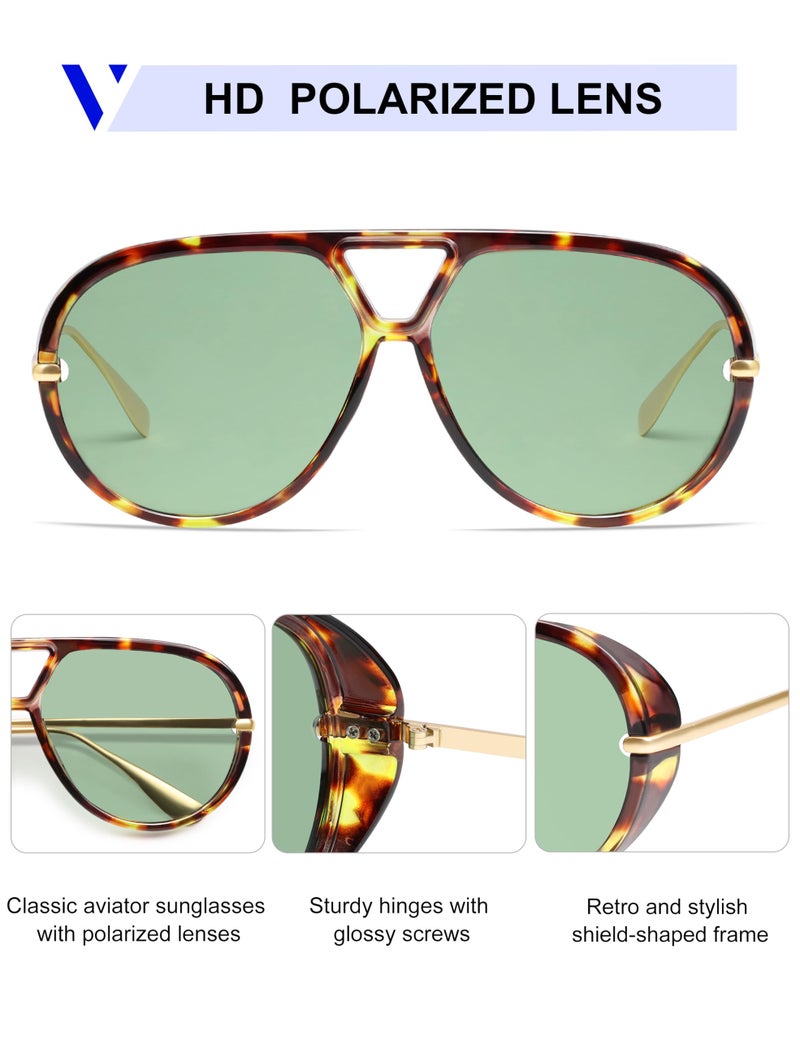 VANLINKER Trendy Polarized Aviator Sunglasses for Women Men Retro Oversized Round Sunglasses Vintage Side Shield Shades VL9798, Tortoise/Green - Image 4