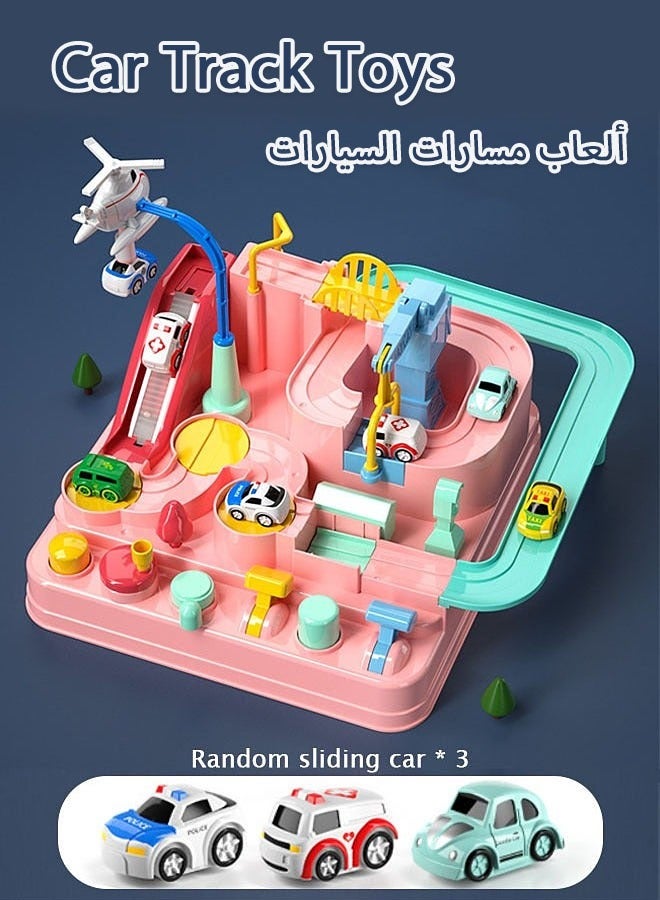 ألعاب سباق للأطفال للأولاد، ألعاب مغامرات السيارات للأطفال الصغار من سن 3 إلى 4 سنوات، مجموعة ألعاب إنقاذ مدينة الألغاز والسكك الحديدية، هدايا تعليمية لأعياد الميلاد للأطفال (وردي) - Image 1