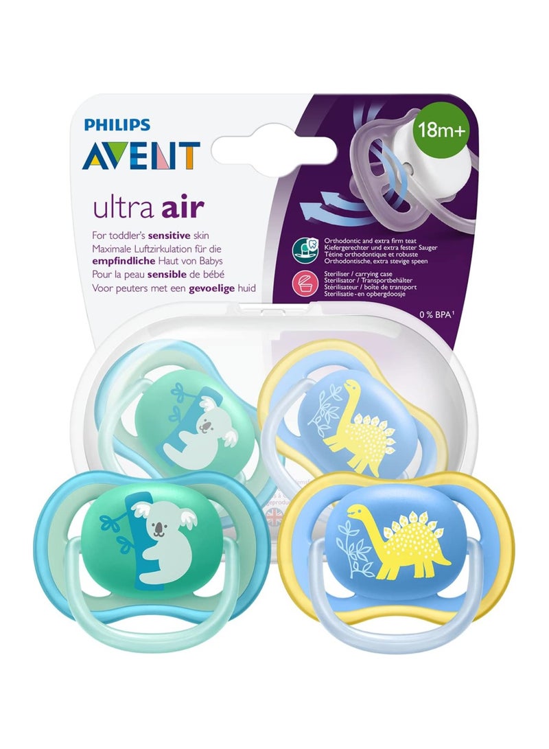 Philips Avent Soothers, 18m+ Ultra Air Baby Soother for Baby's Sensitive Skin with Self Sterilising Travel Case, Dinosaur/Koala Design, Blue/Turquoise (Pack of 2) - SCF349/11