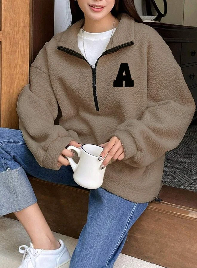 Take Two Take Two Coffee Brown Plush Sweatshirt with Letter Patch