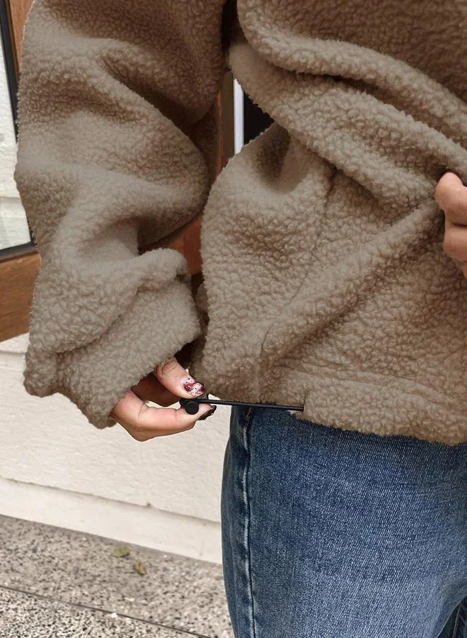 Take Two Take Two Coffee Brown Plush Sweatshirt with Letter Patch