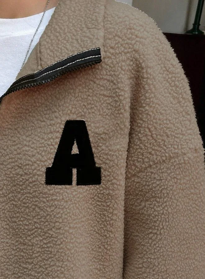 Take Two Take Two Coffee Brown Plush Sweatshirt with Letter Patch