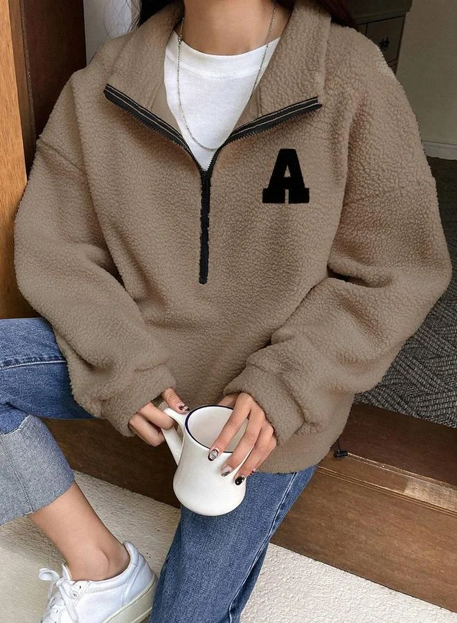 Take Two Take Two Coffee Brown Plush Sweatshirt with Letter Patch