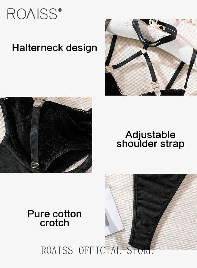 roaiss 2 Pack Teddy Lingerie Set for Women Skin Friendly Hollow out Halter Bralette and Panty Underwear Suit Ladies Comfy and Breathable Fancy Costumes  - Image 2